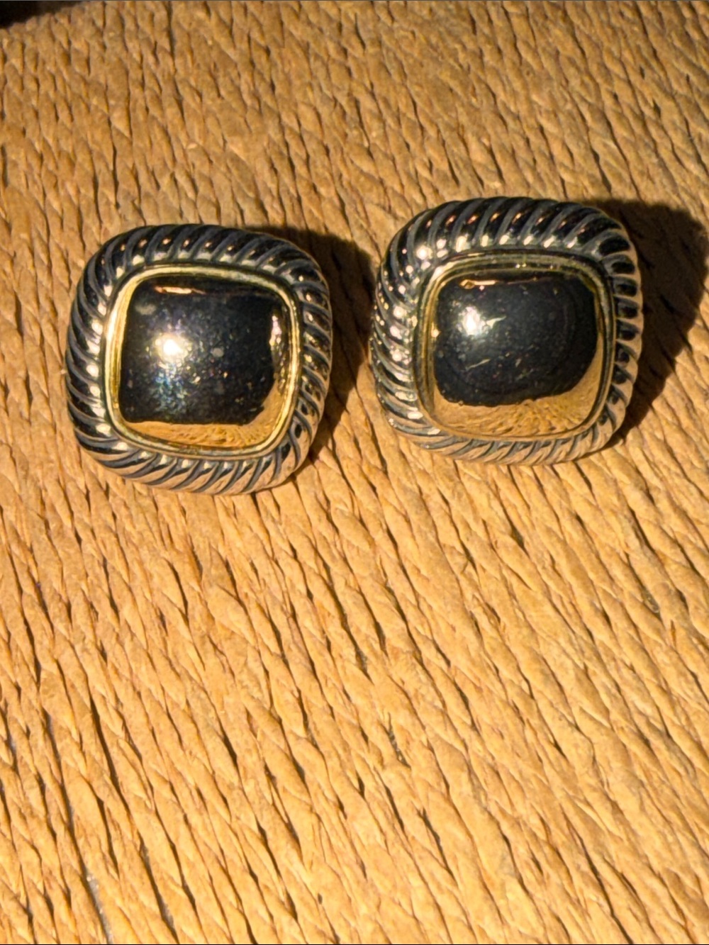 Two-Tone Square Rope-Edge Stud Earrings - Gold & Silver pierced vintage